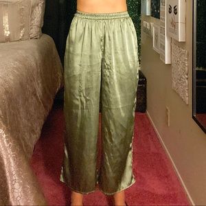 High Waisted Green Satin Wide Leg Pants